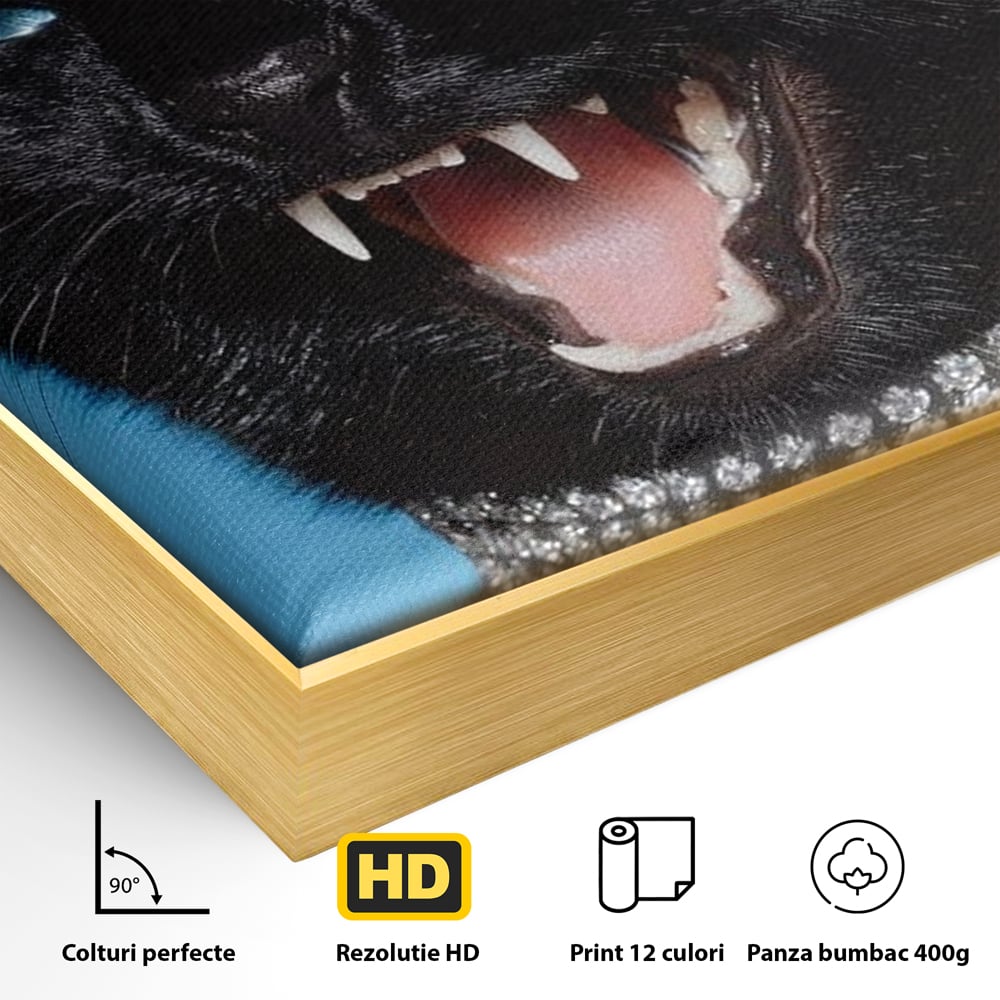 Tablou Canvas cu Motan Negru si Zgarda Stralucitoare, Negru Intens si Albastru Electric, M1531